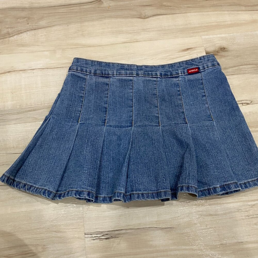 Angels Denim Pleated Mini Skirt Size 7 Y2K Low Rise Button Detail - Picture 4 of 10
